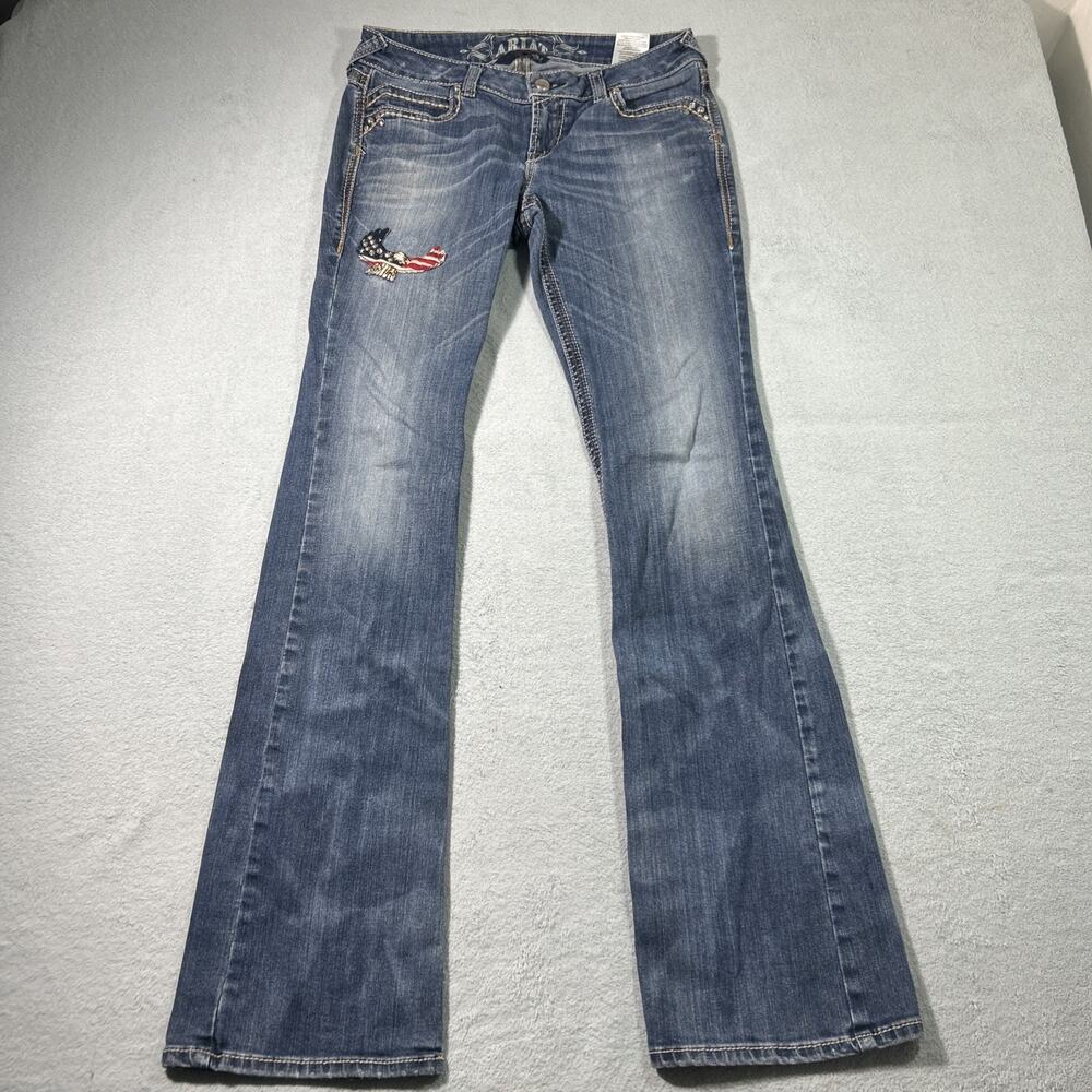 Y2K Ariat American Flag Eagle Embroidery Jeans Sz 29 30x34 Rhinestone Bootcut